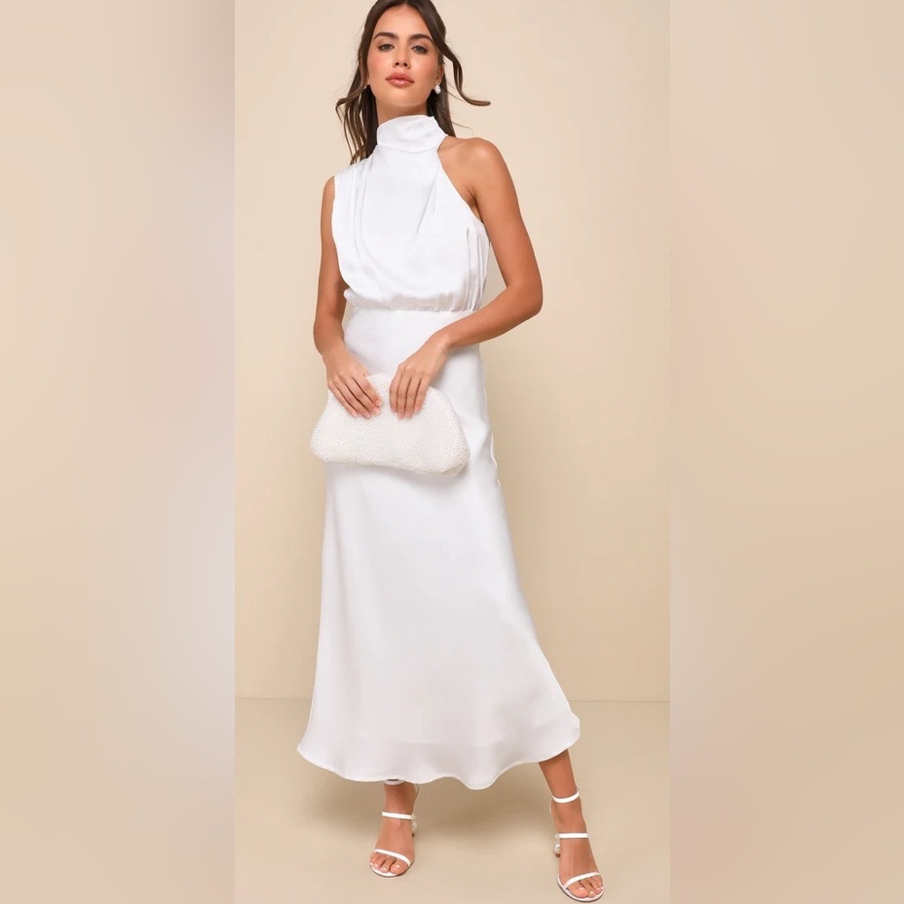 Distinctive Charm White Satin Asymmetrical Midi Dress #609